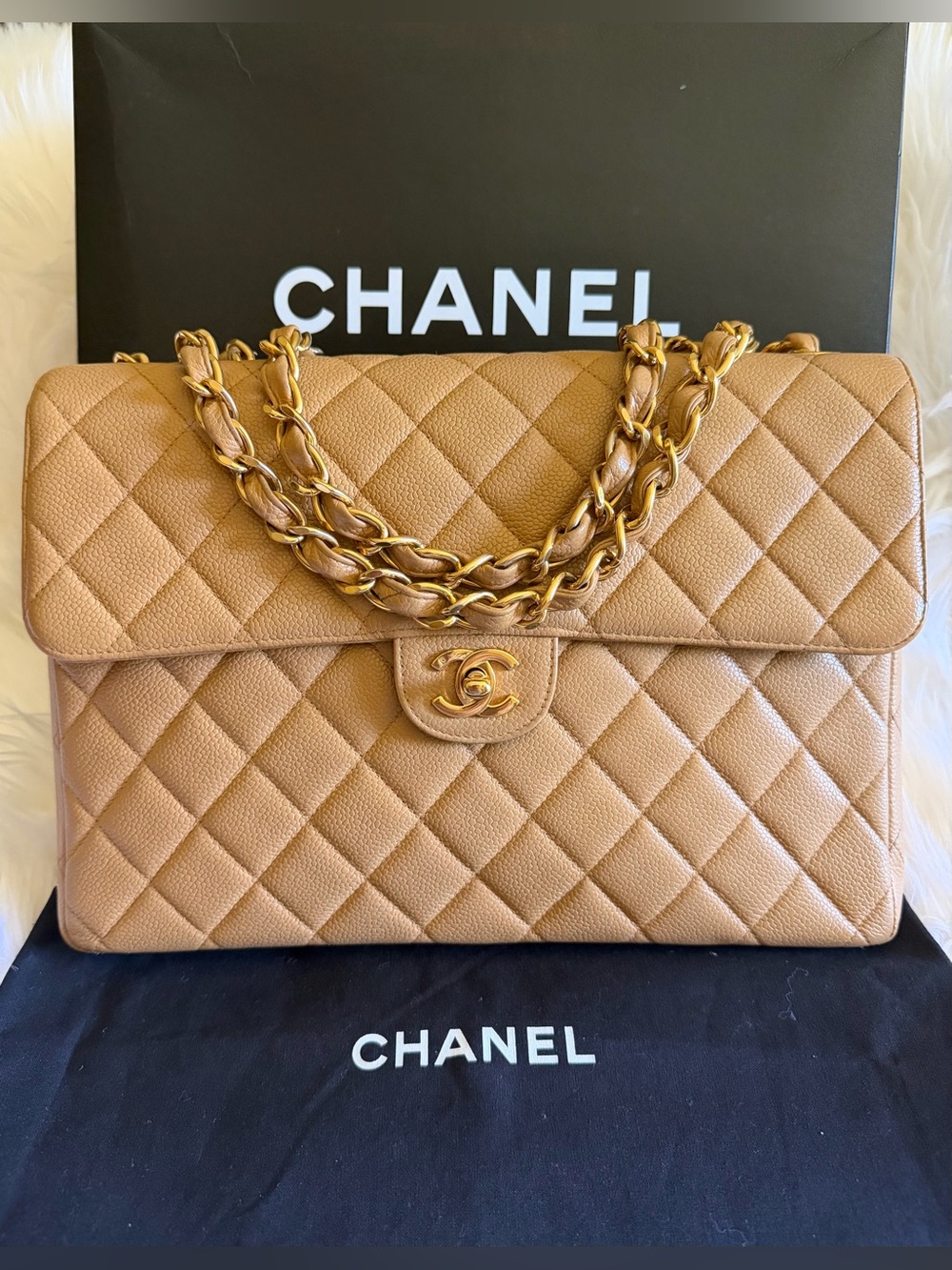 Chanel Classic Single Flap Jumbo Caviar Bag Beige Camel Gold Chain